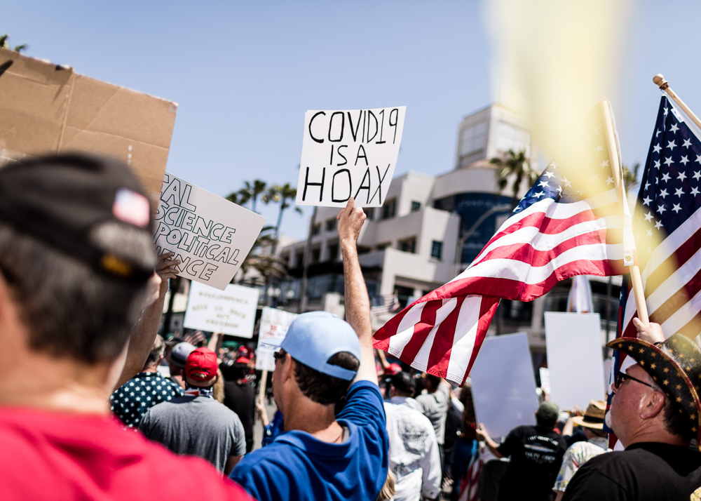 COVID-19 lockdown protest in Huntington Beach, California, USA.