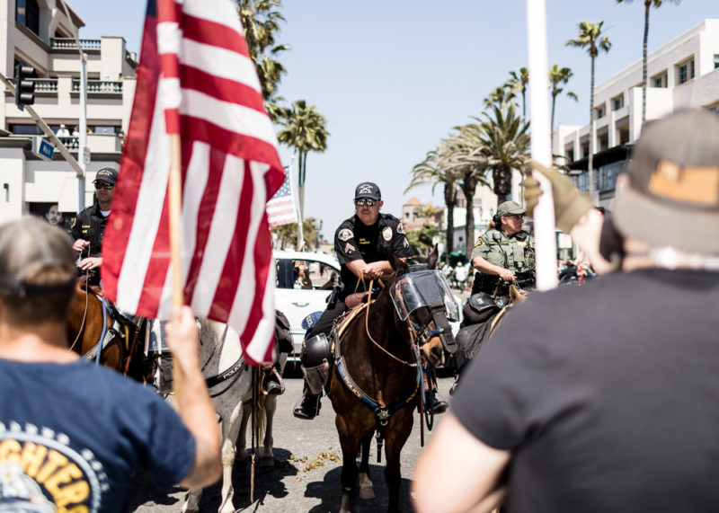 COVID-19 lockdown protest in Huntington Beach, California, USA.
